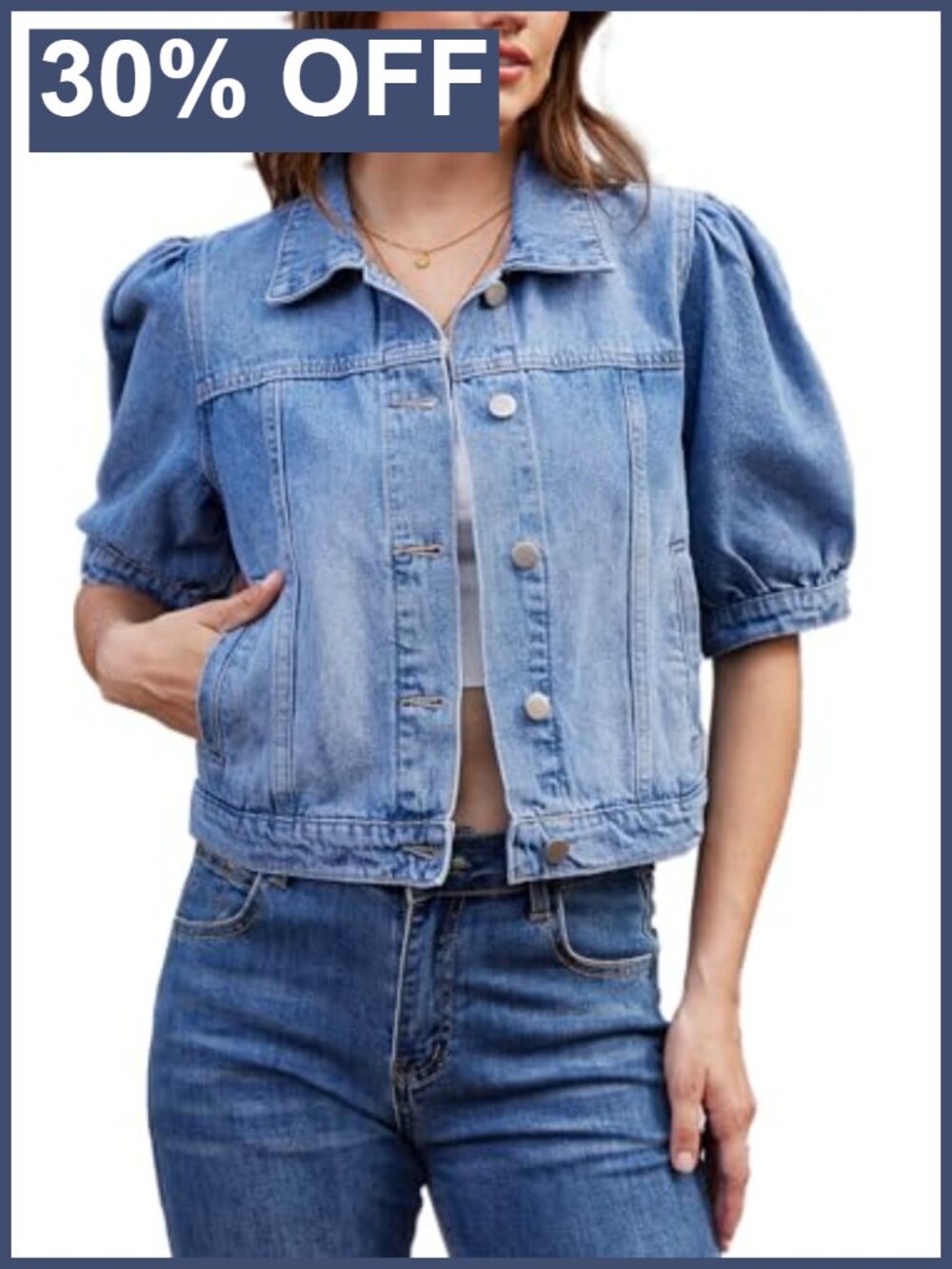 Women's Cropped Denim Jacket Puff Sleeve Cotton Pockets